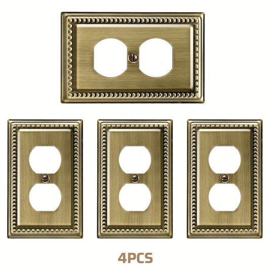 Decorative Wall Plate Outlet Cover 4-Pack – Vintage Antique Brass Metal Duplex Outlet & Light Switch Cover Plates 4.92x3.14in with Sunken Pearl Beaded Border for Home Kitchen Bathroom Office