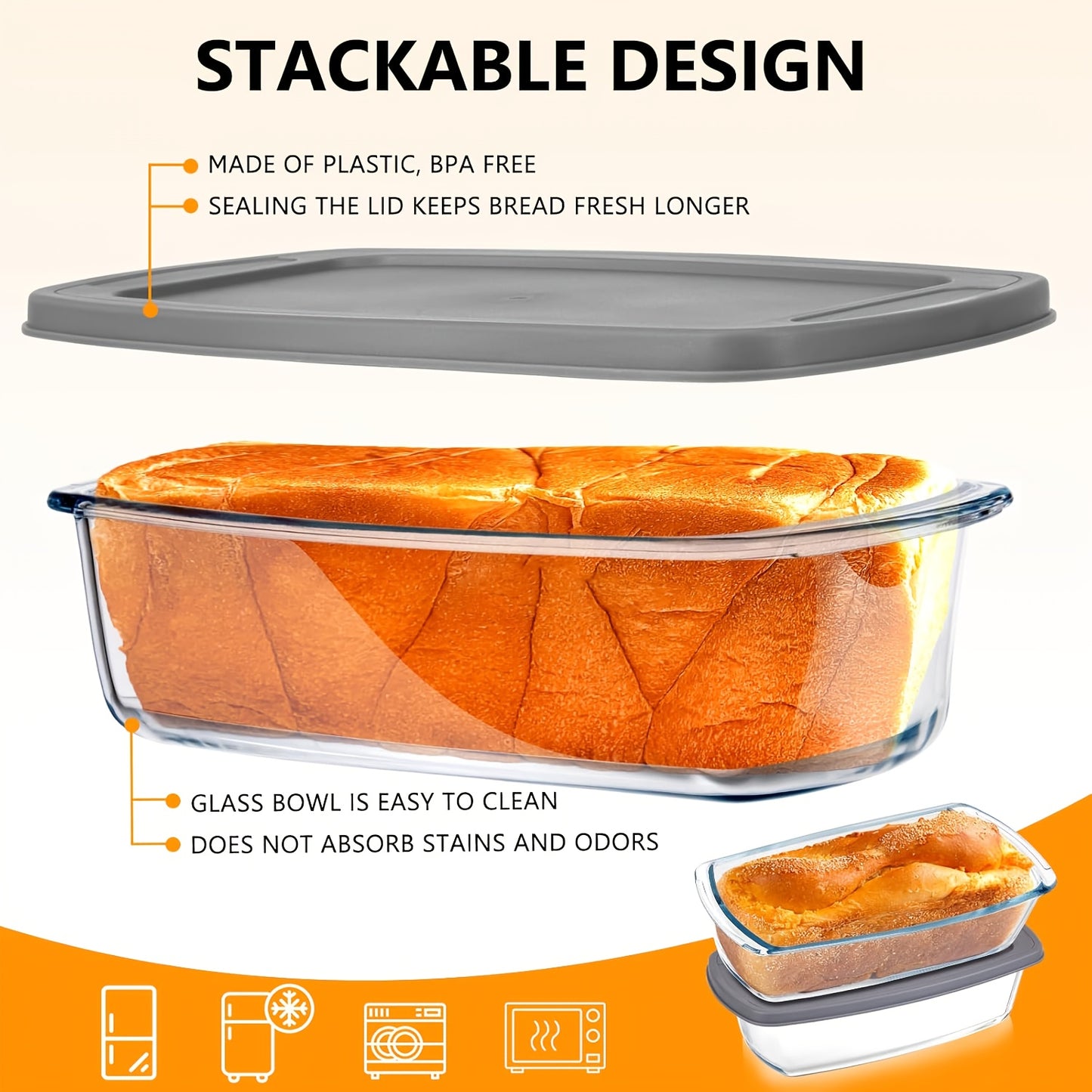 4pcs Glass Loaf Pan Set with Lids - Stackable 1.9 QT/ 62oz Glass Bread Baking Dishes - 2 Food Storage Containers + 2 Airtight Lids, Oven & Microwave Safe, Dishwasher Safe - Clear