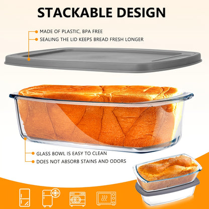 4pcs Glass Loaf Pan Set with Lids - Stackable 1.9 QT/ 62oz Glass Bread Baking Dishes - 2 Food Storage Containers + 2 Airtight Lids, Oven & Microwave Safe, Dishwasher Safe - Clear