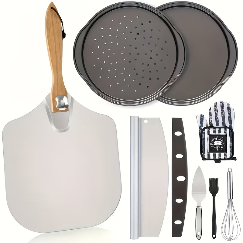 7/8pcs Professional Oven Pizza Slate Set, Pizza Tools, Including Heat-resistant Gloves, Oil Brushes, Shovels, Pizza Knives, Mixers, Shock Resistant And Heat-resistant Tools, Suitable for Family Gatherings, Holiday Gift Giving