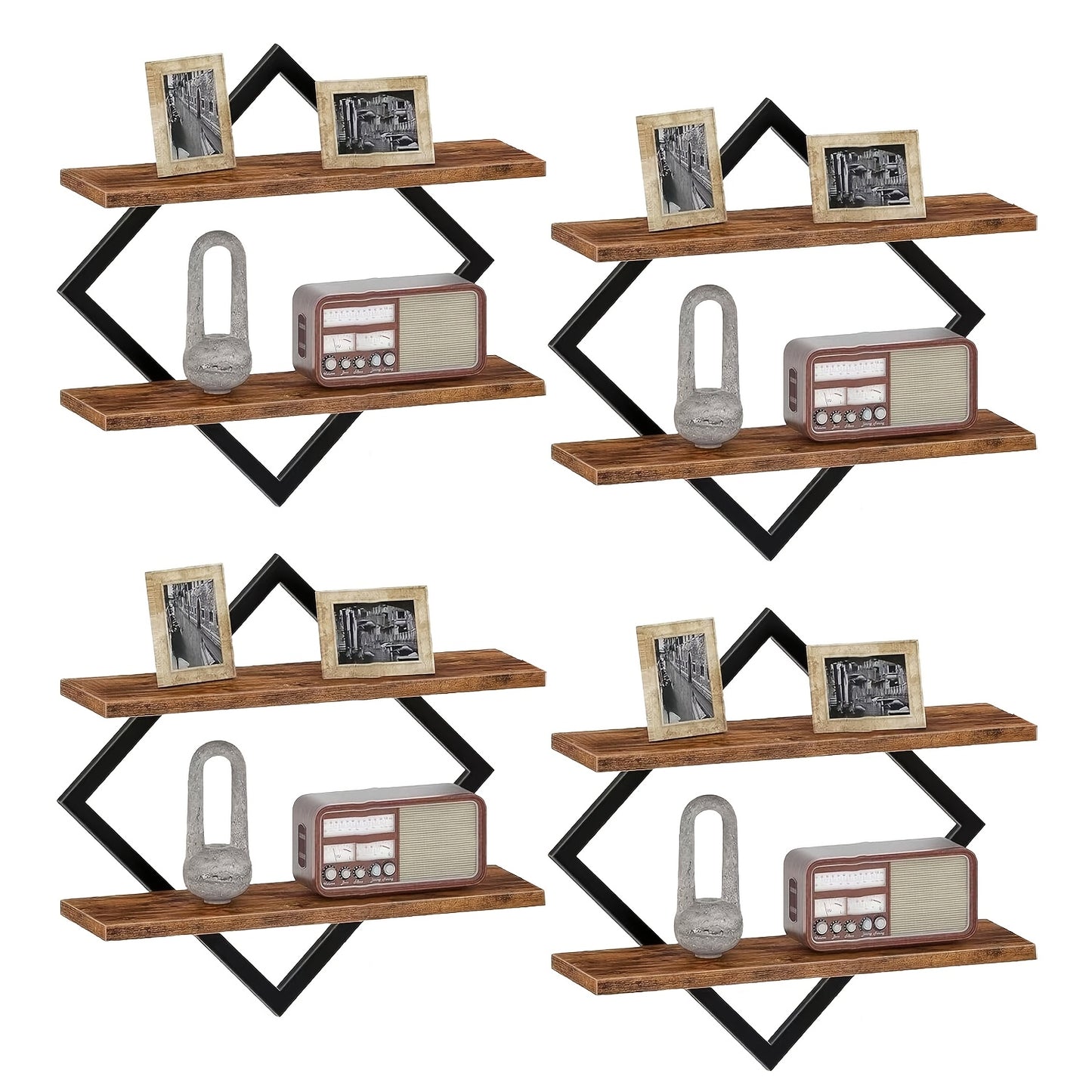 2/4pcs Double Layer Geometric Diamond Wall Floating Shelf Decorative Industrial Hanging Metal Wire Wooden Display Stand, Simple Style Wall Floating Stand, Artistic Style, Suitable for Living Room Kitchen, Floating Shelves