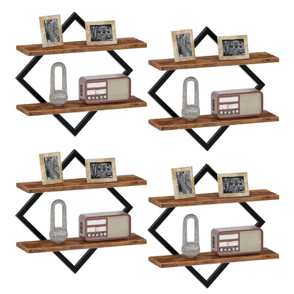 2/4pcs Double Layer Geometric Diamond Wall Floating Shelf Decorative Industrial Hanging Metal Wire Wooden Display Stand, Simple Style Wall Floating Stand, Artistic Style, Suitable for Living Room Kitchen, Floating Shelves