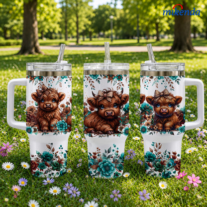 1 40 Oz Double Wall Stainless Steel Vacuum Insulated Mug, Three Highland Cows Surrounded By Teal Blooms And Lush Green Leaves, Unmatched Heat Retention, Durable And Portable, 24 Hours Cold, 12 Hours Hot, Fathers Day Gift