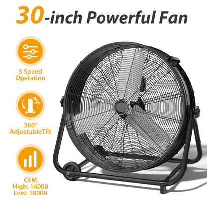 Industrial Drum Fan High Velocity Floor Fan 24/30 Inch 3-Speed Heavy Duty Metal Air Circulator 360° Tilt with Casters ETL Listed for Warehouse Garage Patio Commercial Use