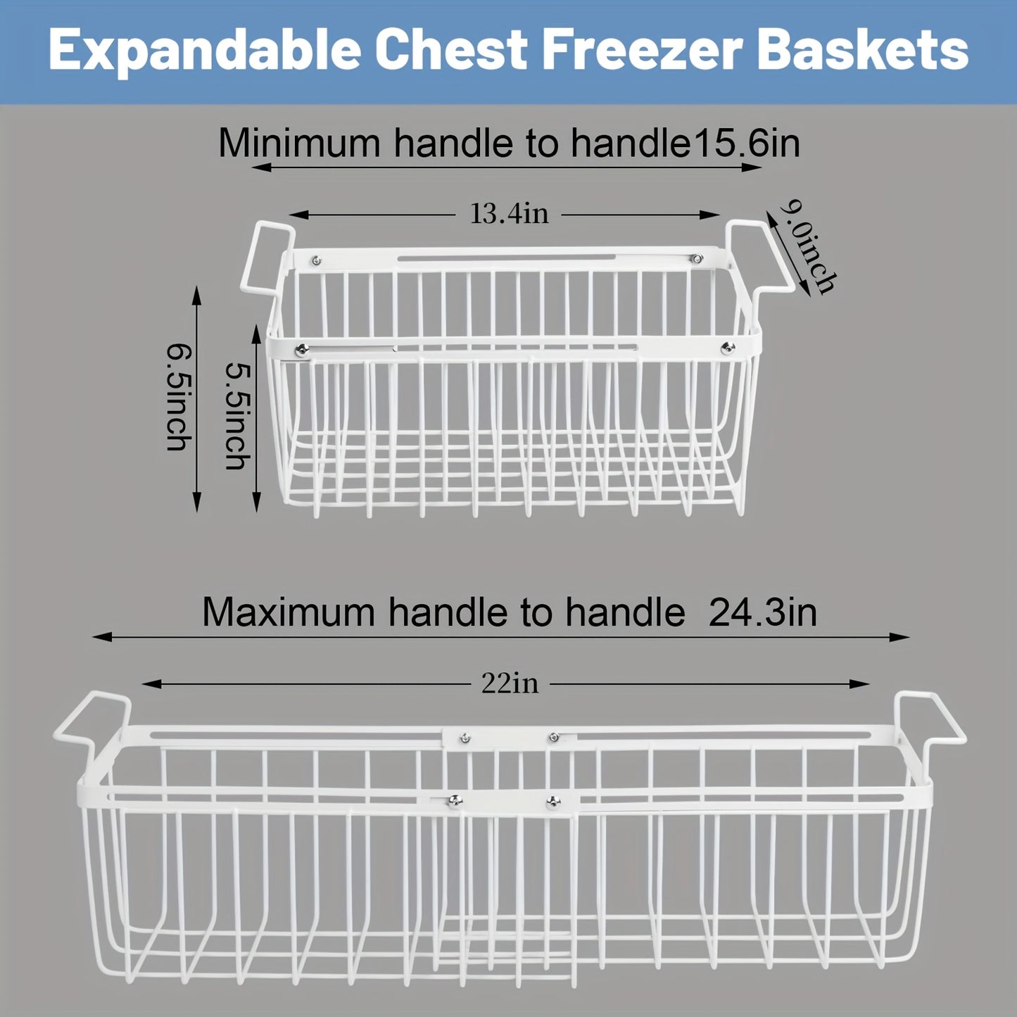 Freezer Organizer Bins, Expandable Chest Freezer Baskets with Hanging Handles – Adjustable Wire Basket 15.6" to 24.3", Heavy-Duty Iron Rust-Proof Deep Freezer Storage for Most Chest Freezers, 2 Pack