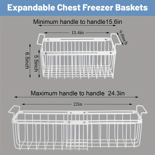 Freezer Organizer Bins, Expandable Chest Freezer Baskets with Hanging Handles – Adjustable Wire Basket 15.6" to 24.3", Heavy-Duty Iron Rust-Proof Deep Freezer Storage for Most Chest Freezers, 2 Pack