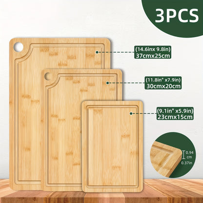 Set of Three Natural Wood Cutting Boards - Sturdy, Reversible Design Featuring a Juice Groove And Non-Slip Edges., Suitable for Meat And BBQ, Perfect for Home, Restaurant