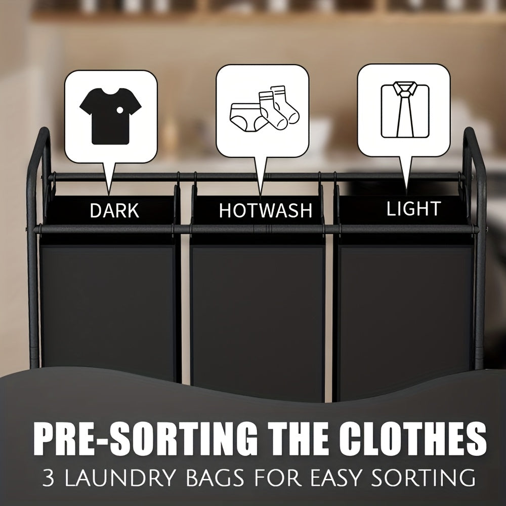 Laundry Basket 3-Bag Sorter 63.4gal Laundry Home Decor Hamper Cart With Heavy Duty Rolling Lockable Wheels And Removable Bags Included For Bedroom, Laundry Room - Sturdy Fabric Storage Bin, Laundry Baskets