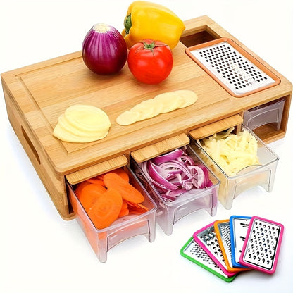 Bamboo Cutting Board Wooden Cutting Board with Food Container Storage Box Cheese Shredder and Juice Tank Suitable for Vegetables Cheese and Meat Type Wooden Cutting Board with Container Food Drop Area Carving Board with Easy Handgrip