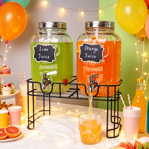 2 Packs 1 Gallon Glass Drink Dispensers For Parties, Beverage Dispenser, Glass Drink Dispenser With Fruit Infuser &Stand And Stainless Steel Spigot, Lemonade Dispenser With Ice Cylinder.Laundry Detergent for BBQ, Picnic, Party, Weddings & Events