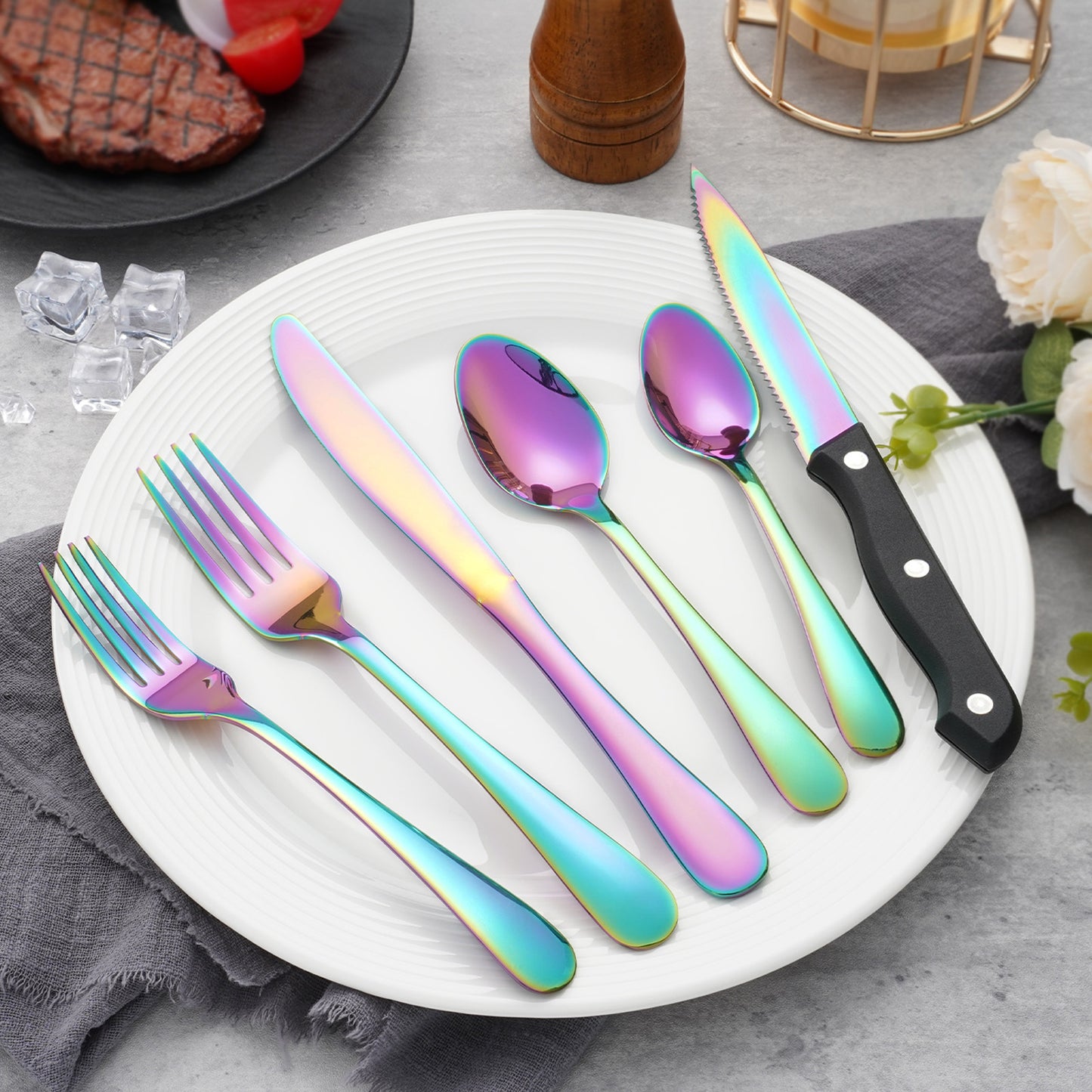 24PCS Modern Flatware Set, Stainless Steel Silverware Set with Steak Knife For 4, Rainbow Cutlery Set, Mirror Polished, Ideal for Home, Kitchen, Celebrations