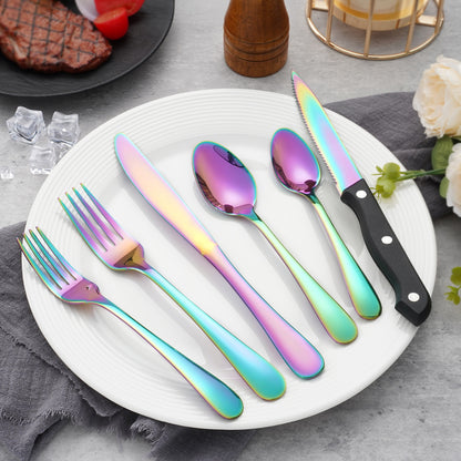 24PCS Modern Flatware Set, Stainless Steel Silverware Set with Steak Knife For 4, Rainbow Cutlery Set, Mirror Polished, Ideal for Home, Kitchen, Celebrations