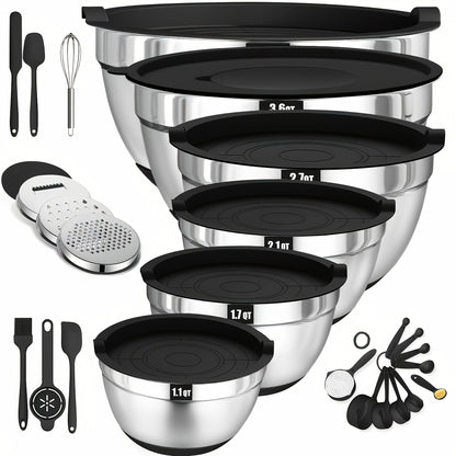 Stainless Steel Mixing Bowl Set 26pcs with 6 Bowls 20 Kitchen Tools Anti-Slip Bottom Multiple Sizes for Baking Cooking Meal Prep Storage