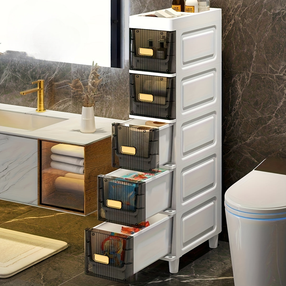 Deluxe Slim Storage Cabinet with Drawers - Durable Waterproof PP Material, Multi-Purpose Organizer with Ample Storage for Bathroom, Kitchen, Personal Care Product Dispensers, and More - Ideal for Small Spaces, Storage Drawer Units
