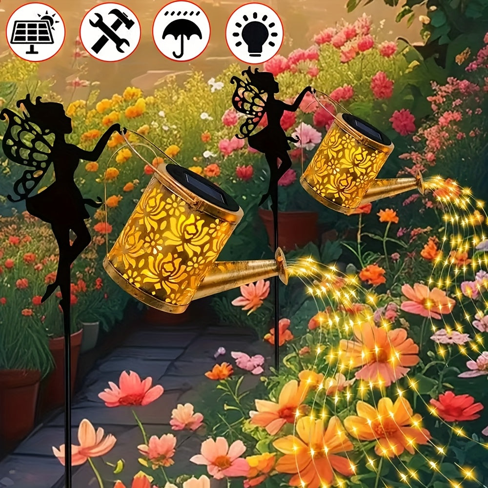 Solar Fairy Waterfall Lights for Halloween Decoration, Featuring a Solar Watering Can Lamp Made of Metal. This Garden Decor Includes 36 LED Flowing String Lights And Serves As an Outdoor Solar Stake Lamp. It Is IP65 Waterproof, Suitable for Patios