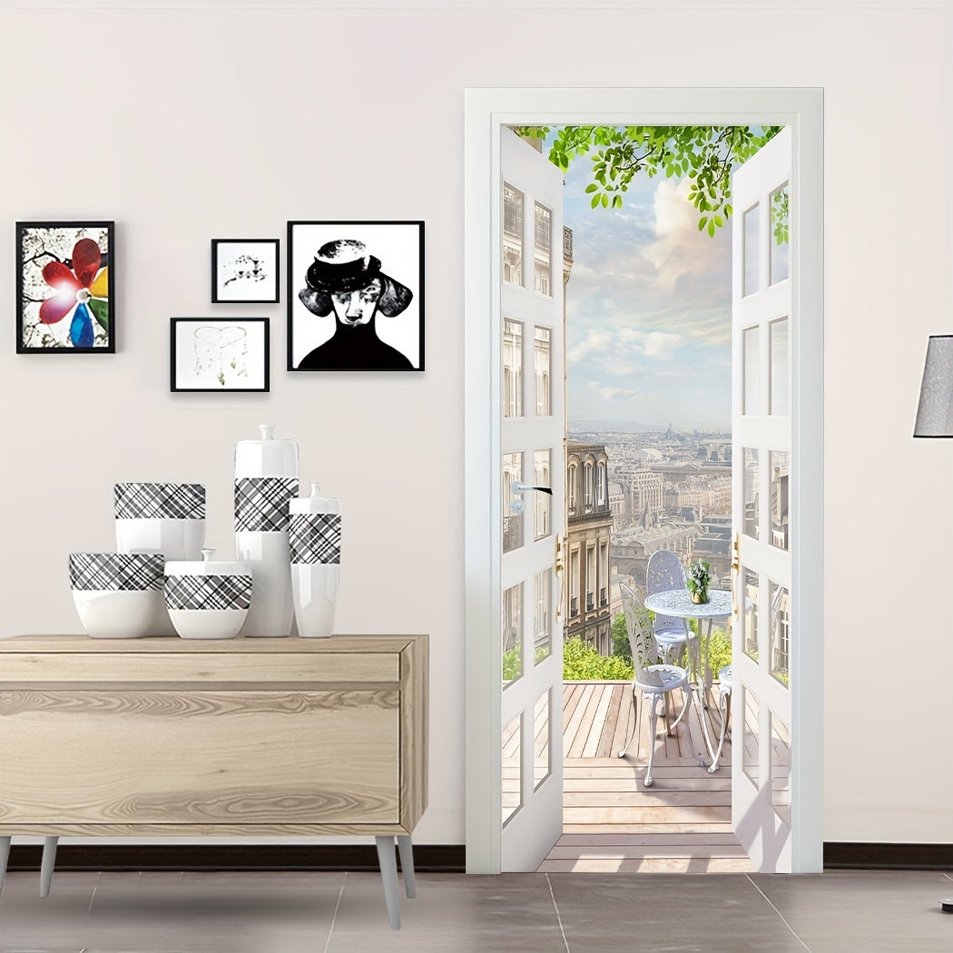 35.43*78.74inch Push Open Door Balcony Scenery Door Sticker, Removable, Waterproof, Large Home Wall Sticker, Bedroom Living Room Mural, Peel And Stick Wallpaper, Wall Decoration, Wall Art, Home Creativity