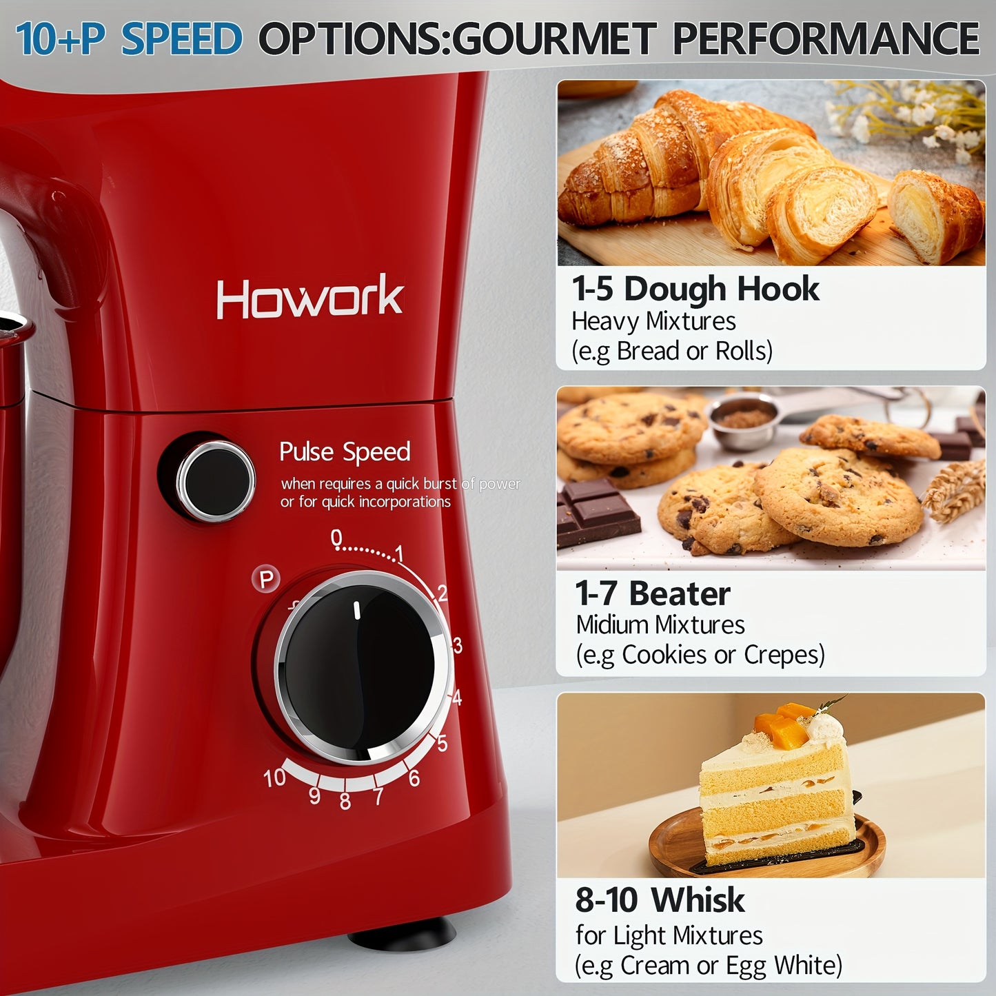 HOWORK Stand Mixer 10-Speed 5QT Electric Kitchen Mixer With Dishwasher-Safe Dough Hooks, Flat Beaters, Wire Whip & Pouring Shield Attachments For Most Home Cooks