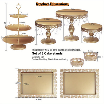 Set of 8 Golden Cake Stands with Crystal Bling Pendants, Round Metal Dessert Table Display Set, 3-Tier CupCake Tower Displaying Table for Birthday Party Baby Shower Wedding Decor Christmas Decorations