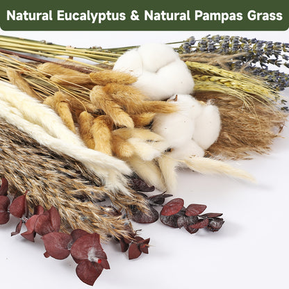 Natural Dried Flower Bouquet - Pampas Grass, Stems, Bunny Tails, Eucalyptus, Lavender & Wheat - Rustic Boho Decor for Home, Fall Decorations for Home, Wedding, Or Gift
