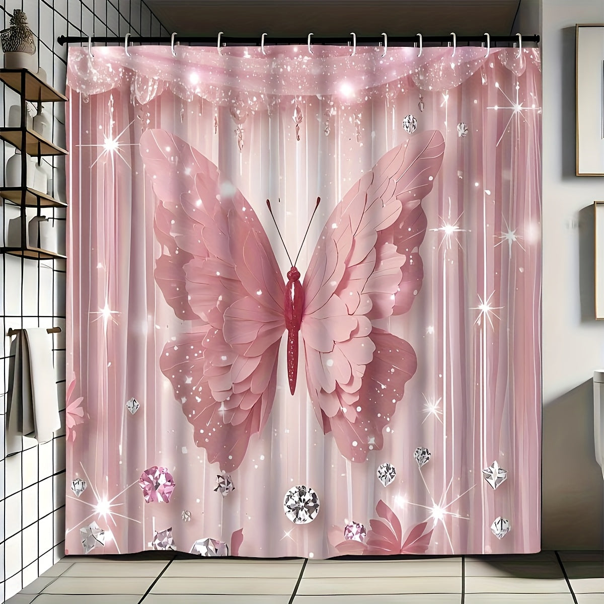 1pc/4pcs Diamond Butterfly Print Bath Curtain Set, Non-slip Bathroom, U-shaped, Toilet Seat Cover, Machine-washable Nylon Bath Curtain With 12 Durable Hooks 70.8x70.8 Inches, Bathroom Decorations And Accessories, Suitable For All Season