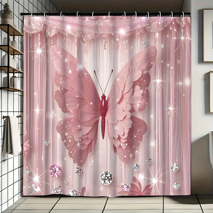 1pc/4pcs Diamond Butterfly Print Bath Curtain Set, Non-slip Bathroom, U-shaped, Toilet Seat Cover, Machine-washable Nylon Bath Curtain With 12 Durable Hooks 70.8x70.8 Inches, Bathroom Decorations And Accessories, Suitable For All Season