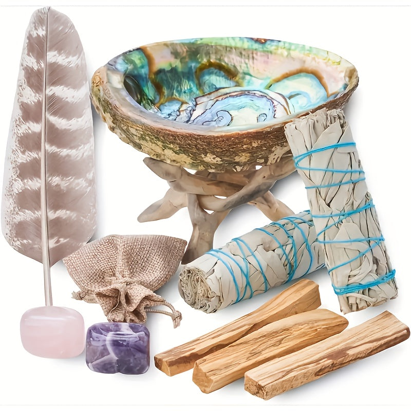 11pcs Sage Kit, Including 2 White Sage, 3 Palo Santo, Abalone Shell with Stand, And Crystal Stones. Perfect Gift Set for Christmas, Thanksgiving, Home & Party Decor,