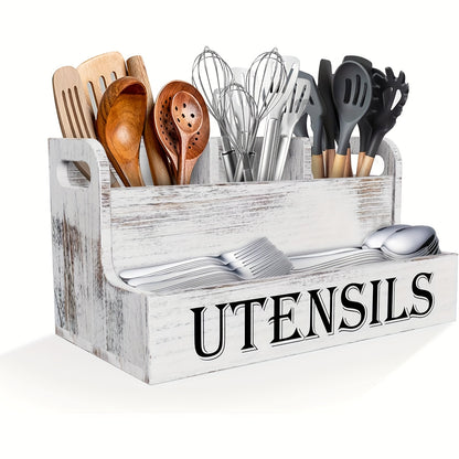 Extra Large Kitchen Utensil Organizer with 4 Compartments, White Wooden Kitchen Utensil Organizer for Kitchen Countertops, Farmhouse Utensil Storage, Rustic Cooking Utensils - White.