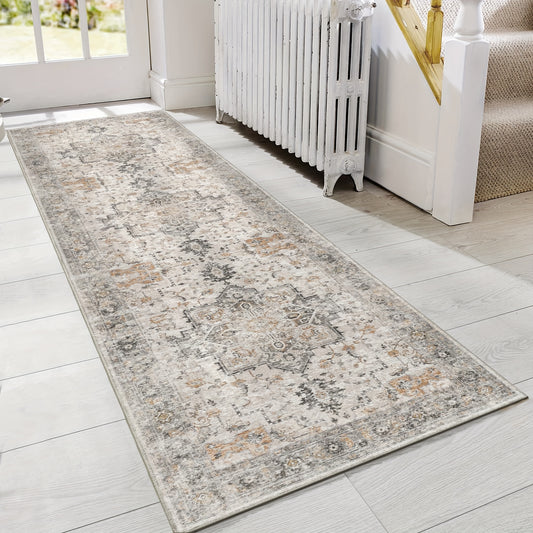 Area Rug Machine Washable Non Slip Vintage Hallway Runner Rug, Low Pile Lightweight Rugs for Entryway, Hallway, Kitchen and Corridor, Light Taupe Brown
