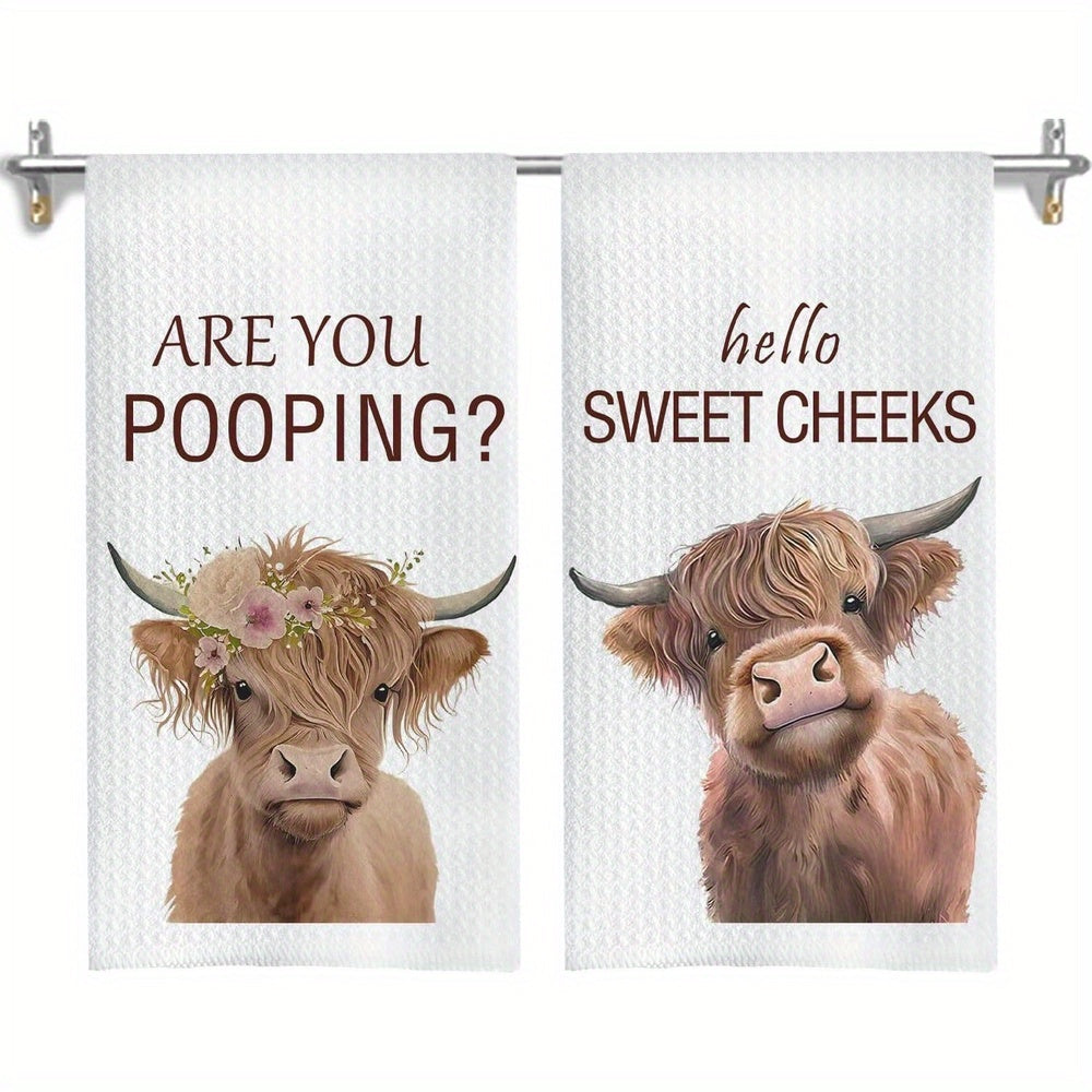2pcs Hello Sweet Cheeks Highland Cow Hand Towels, Cow Bathroom Decor, Funny Farmhouse Highland Cattle Hand Towels for Bathroom Toilet Washroom, 16x24 Inches Set of 2