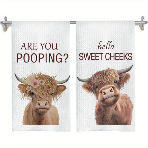 2pcs Hello Sweet Cheeks Highland Cow Hand Towels, Cow Bathroom Decor, Funny Farmhouse Highland Cattle Hand Towels for Bathroom Toilet Washroom, 16x24 Inches Set of 2