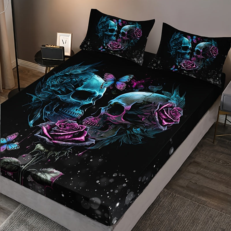 3pcs Halloween Series Gothic Romantic Skull Rose Fitted Sheet Set - 1 Fitted Sheet + 2 Pillowcases (Pillow Inserts Not Included), 15" Deep Pocket, Machine Washable, Hypoallergenic, High Quality, HD Print for Home, Bedroom, Dorm, Suitable for All