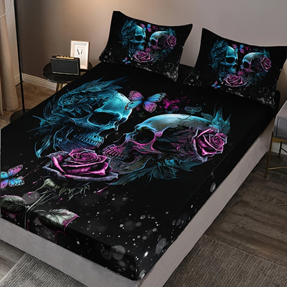 3pcs Halloween Series Gothic Romantic Skull Rose Fitted Sheet Set - 1 Fitted Sheet + 2 Pillowcases (Pillow Inserts Not Included), 15" Deep Pocket, Machine Washable, Hypoallergenic, High Quality, HD Print for Home, Bedroom, Dorm, Suitable for All