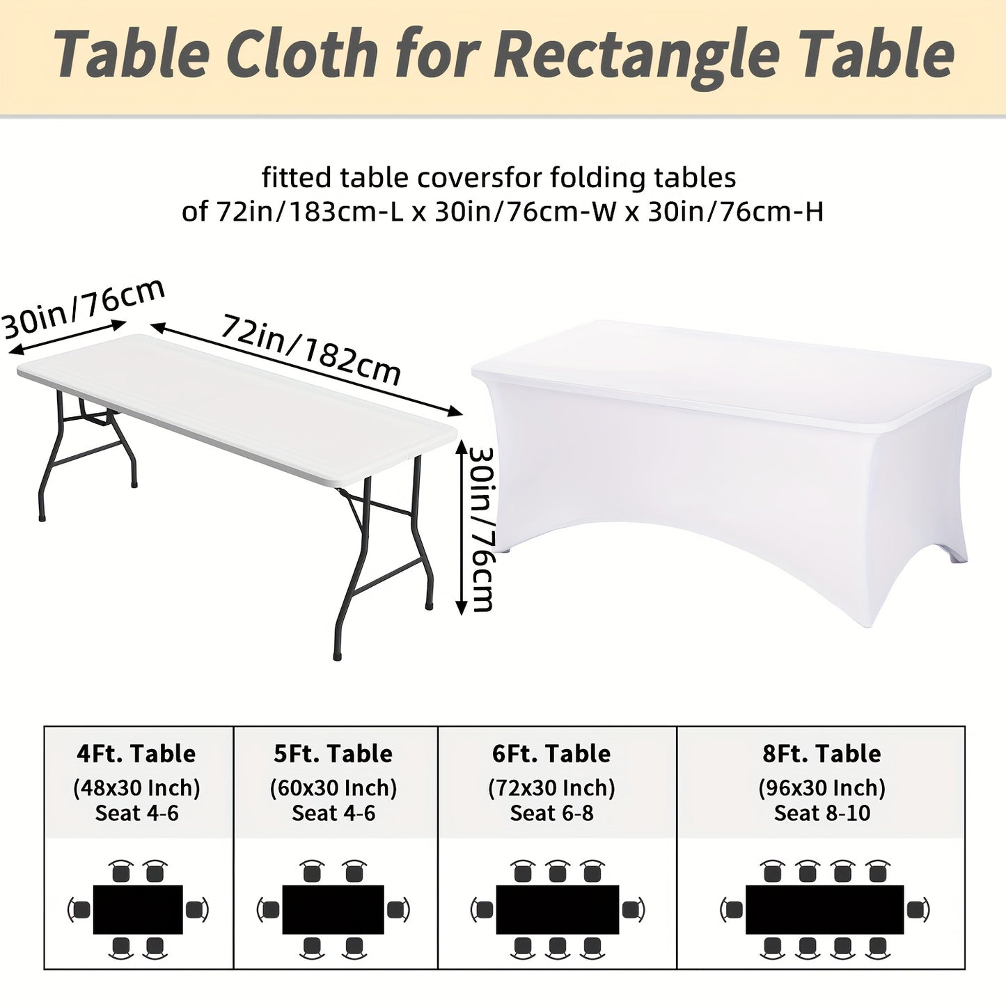TOMNK 10pcs 6ft Spandex Tablecloth, Easy-Clean Stretch Fitted Table Cover for Rectangle Folding Tables, Indoor Outdoor Wedding Reception Vendor Booth Catering Service, 72Lx30Wx30H Inch, White/Black