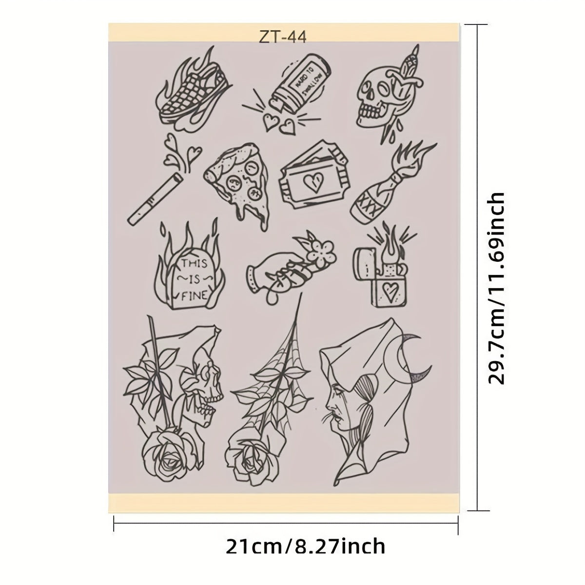 Tattoo Transfer Paper 3 Sheets – Pre-Drawn Stencils with Floral, Paisley, Spiderweb, Snake & Pizza Designs – A4 Size Body Art Stencil Kit for Beginners & Pros, No Electricity Needed