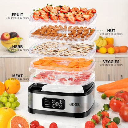 Food Dehydrator Includes Mesh Screen, Fruits Roll Sheet, Recipes, GDOR 5 Trays Dehydrator Machine with Temp Control And 72H Timer And LED Display, for Jerky, Fruit, Veggie, Herb, Dog Treat, Bpa-Free