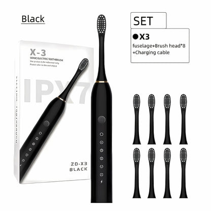 Rechargeable Electric Toothbrush 6 Cleaning Modes with 8 Brush Heads - USB Charge, Soft Bristles, Portable for Travel & Home Use, Oral Care Toothbrush for Men & Women - Black / White / Pink
