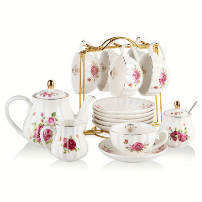 Sweejar Porcelain Tea Sets British Royal Series, 8oz Cups & Saucer Service for 6, with Teapot Sugar Bowl Cream Pitcher Teaspoons And Tea Strainer, Suitable for High Tea, Wedding, Party