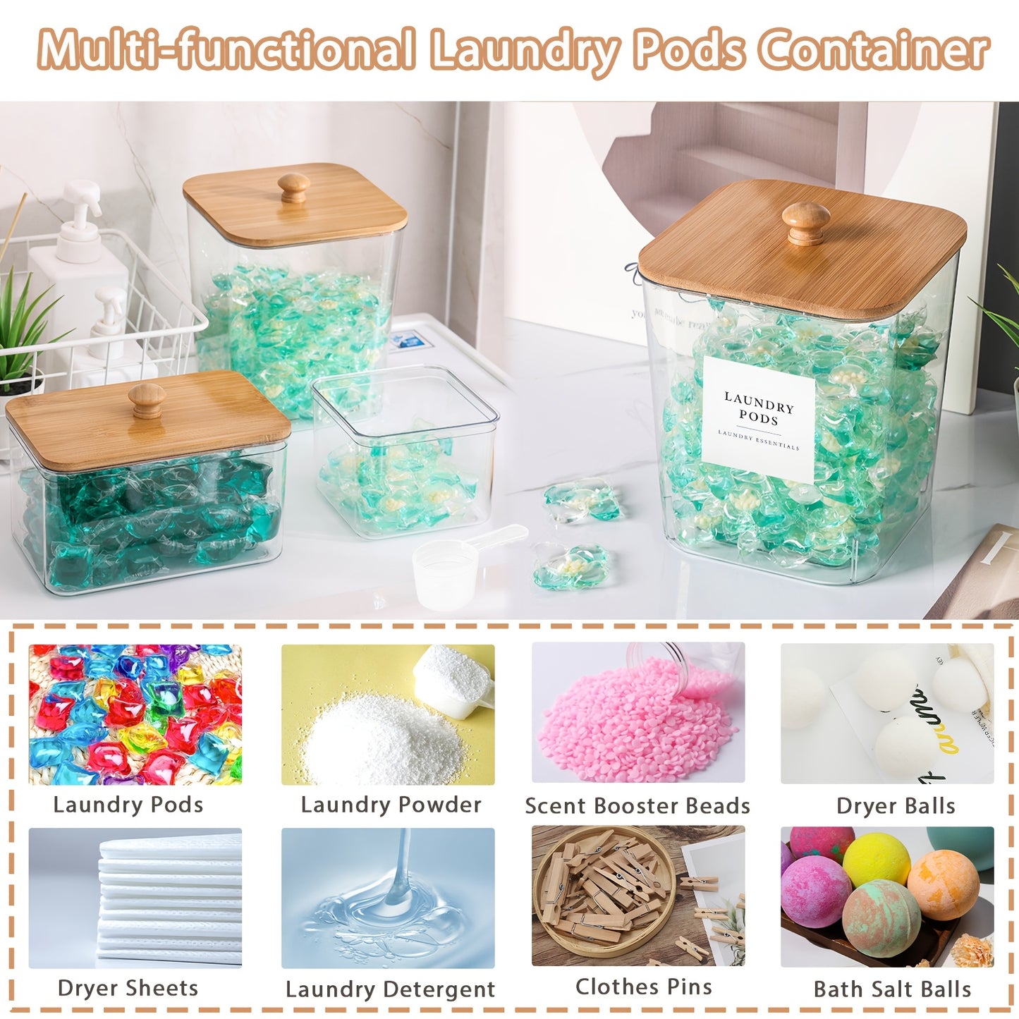 Containers for a Set of Four Laundry Pods, Designed for Storing Laundry Detergent And Organizing The Laundry Area, Complete with Lids, Scoops, And Labels for Detergent, Dryer Balls, And Bead Containers