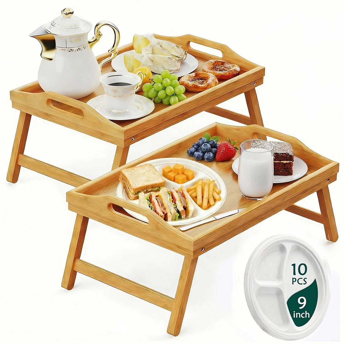 Bamboo Bed Tray Table with Foldable Legs - Breakfast Trays with Handles, Ideal for Eating, Working, Or Snacking - Durable And Stylish, Available In White, Black, Beige, And Brown, 1/2pcs