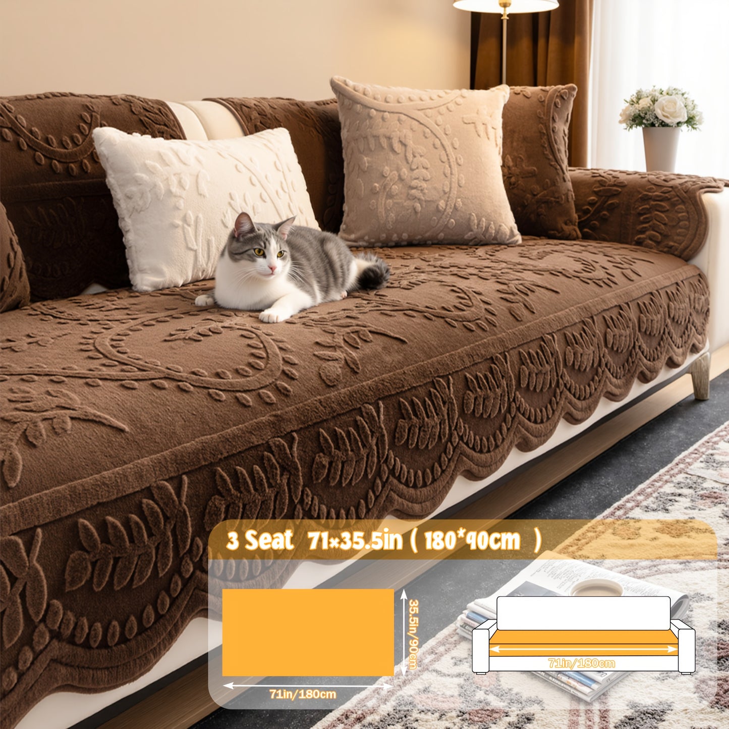 1pc Thickened Quilted Machine Washable Sofa Cushion, Faux Rabbit Fur Comfort Warm Non-slip Plush Sofa Cover, Breathable and Comfortable Pet-friendly for Bedroom, Office, Living Room, Suitable for 2/3/4-seater Sofa, Home Winter Decor, Christmas Gifts