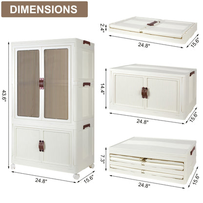 Portable Closet Wardrobe with Wheels & Hanging Rod – Foldable Clothes Cabinet with Doors, 10 Hangers, Stackable Storage Bins, 70 GAL Collapsible Plastic Wardrobe Organizer