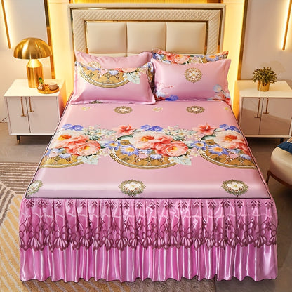 3pcs Double Layer Ruffle Bed Skirt Style Cool Mat Three Piece Set with Pillowcase Washable High Weight 360° Full Wrap