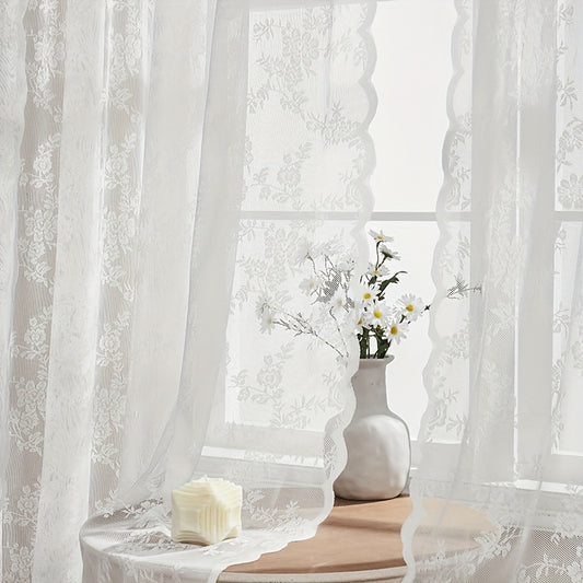 Set of Two White Lace Curtains with Floral Designs, Featuring a Bohemian Style And Semi-Transparent Fabric That Filters Sunlight. Suitable for All Seasons