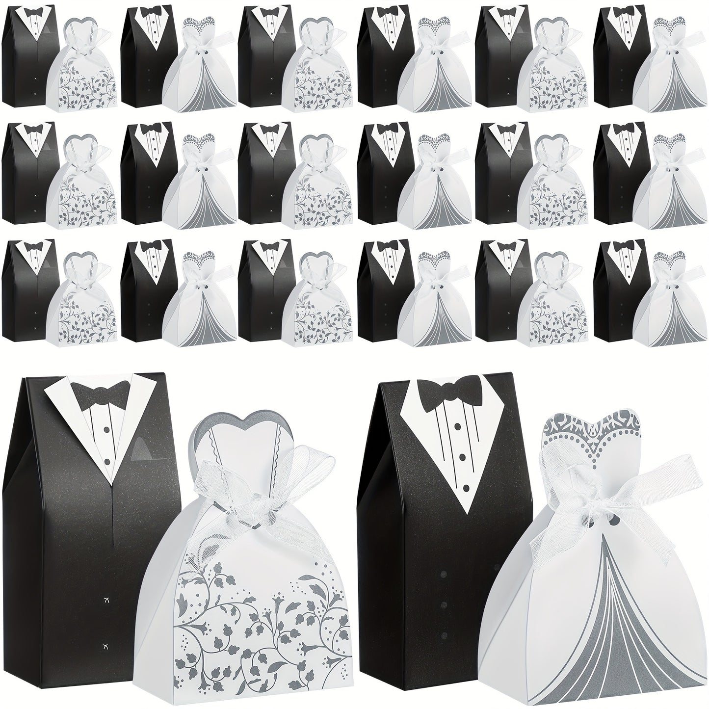 100 Pcs Wedding Party Favor Boxes Dress & Tuxedo Candy Gift Boxes with Ribbon – Vintage Bridal Shower Birthday Treat Bags Bulk Decoration