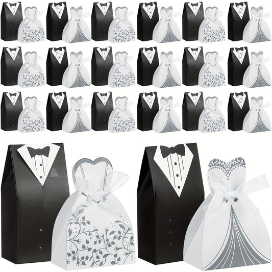 100pcs Wedding Party Favor Boxes Dress Tuxedo Candy Chocolate Gift Box Creative Vintage Wedding Treat Bags Bulk With Ribbon For Birthday Bridal Shower Guests Decoration Party Supplies (Stylish Style)