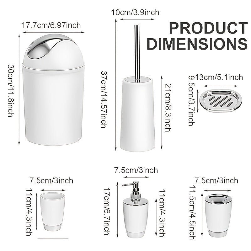 7pcs Luxury Bathroom Accessory Set - Premium Quality, Modern Style - Complete With Trash Can, Toilet Brush, Lotion Dispenser, Soap Dish, Mouthwash Cup & Toothbrush Holder - Space-Saving, Easy To Clean, Ideal For Bathroom Decor And Housewarming Gifts
