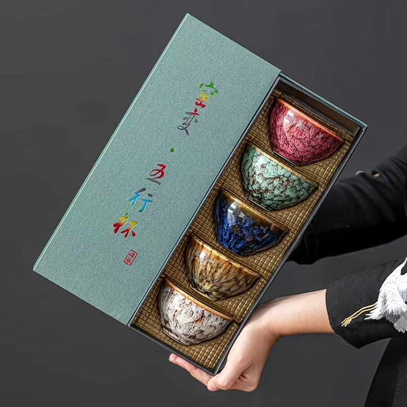 A set of handmade ceramic teacups (five pieces), kiln-fired five-element Kung Fu teacups, available in five stylish colors, beautifully designed gift box, suitable as a gift for business partners, friends, and elders.