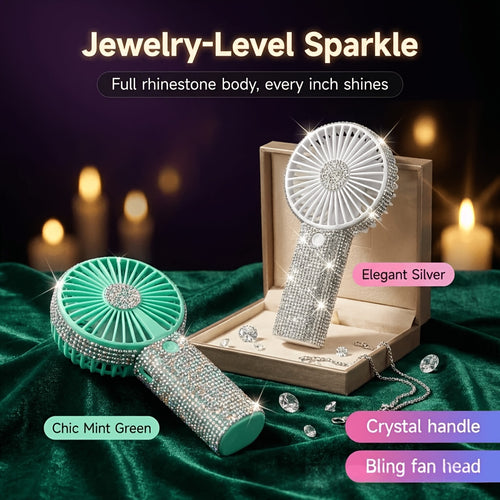 TAZTIR Rhinestone Handheld Fan, Mini Personal Fan with Crystal Diamonds, Sparkling And USB Rechargeable, Battery Operated, 3 Speed Settings, Ideal for Girls And Women for Outdoor, Weddings, Travel, Indoor, And Office Use