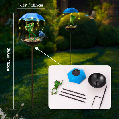 Garden Decor for Outside Solar Outdoor Lights, Wild Bird Feeder, Iron Frog with Umbrella with LED Lights, Valentines Gifts, Ideal for Patios, Lawns, Pathways, Decks