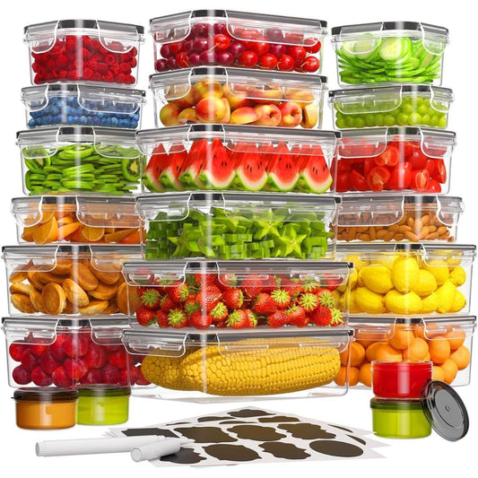 Food Storage Containers with Flip Top Lids - Leak Proof Microwave and Dishwasher Safe Plastic Lunch Boxes for Pantry Travel and Outdoor Use, Large Capacity Sets of 28, 44 or 54 Pieces with Labels and Marker Included